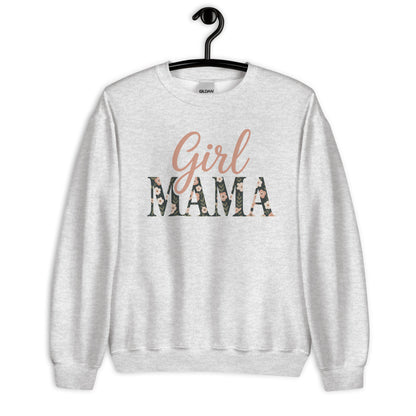 Girl Mama floral sweatshirt in ash grey on hanger – minimalist floral mom sweater mockup
