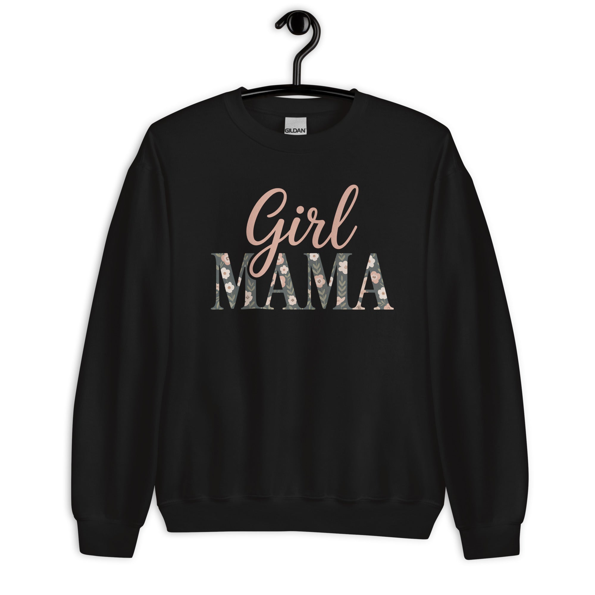 Girl Mama floral sweatshirt in black on hanger – cozy mom life sweater flatlay