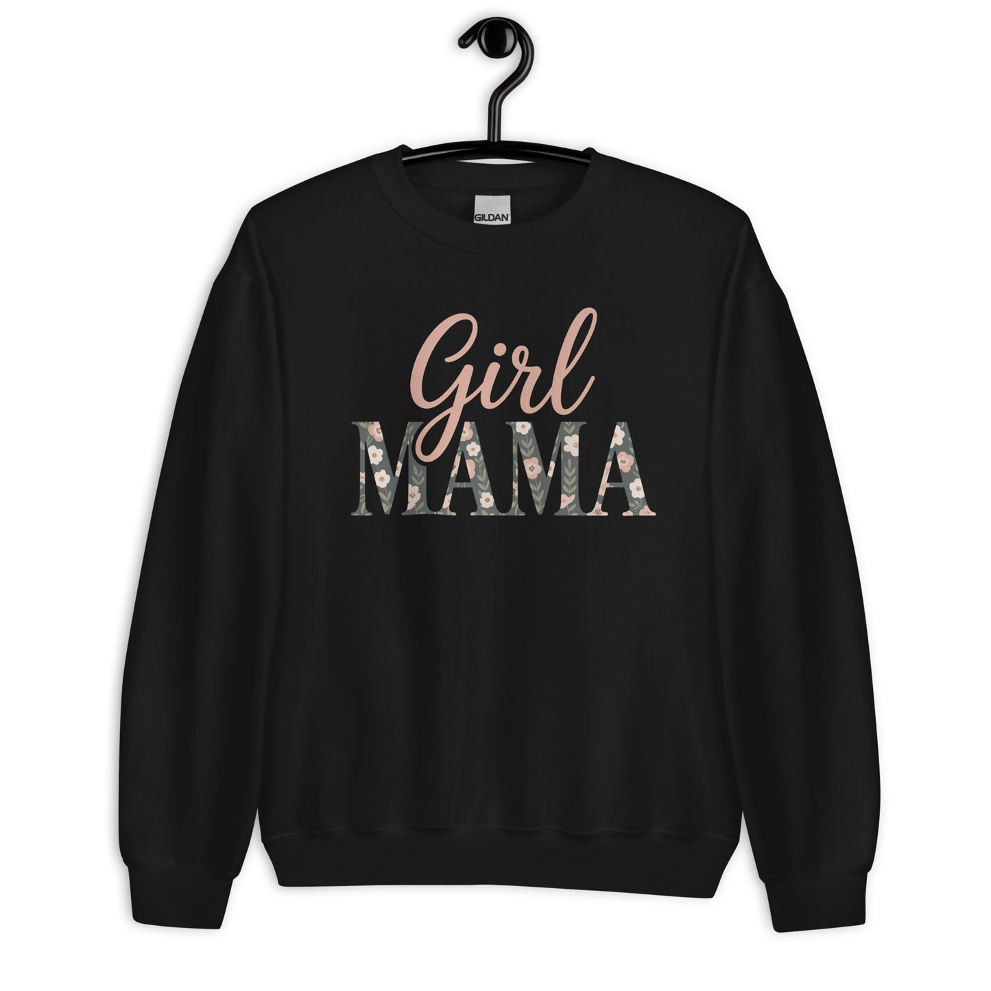 Girl Mama floral sweatshirt in black on hanger – cozy mom life sweater flatlay