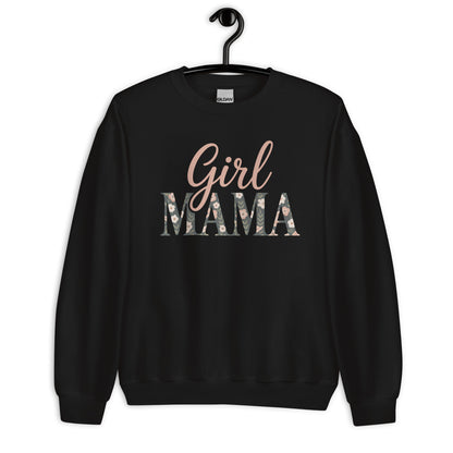 Girl Mama floral sweatshirt in black on hanger – cozy mom life sweater flatlay