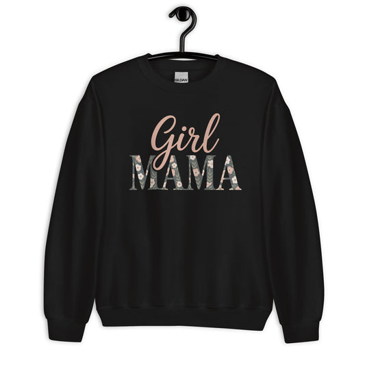 Girl Mama floral sweatshirt in black on hanger – cozy mom life sweater flatlay