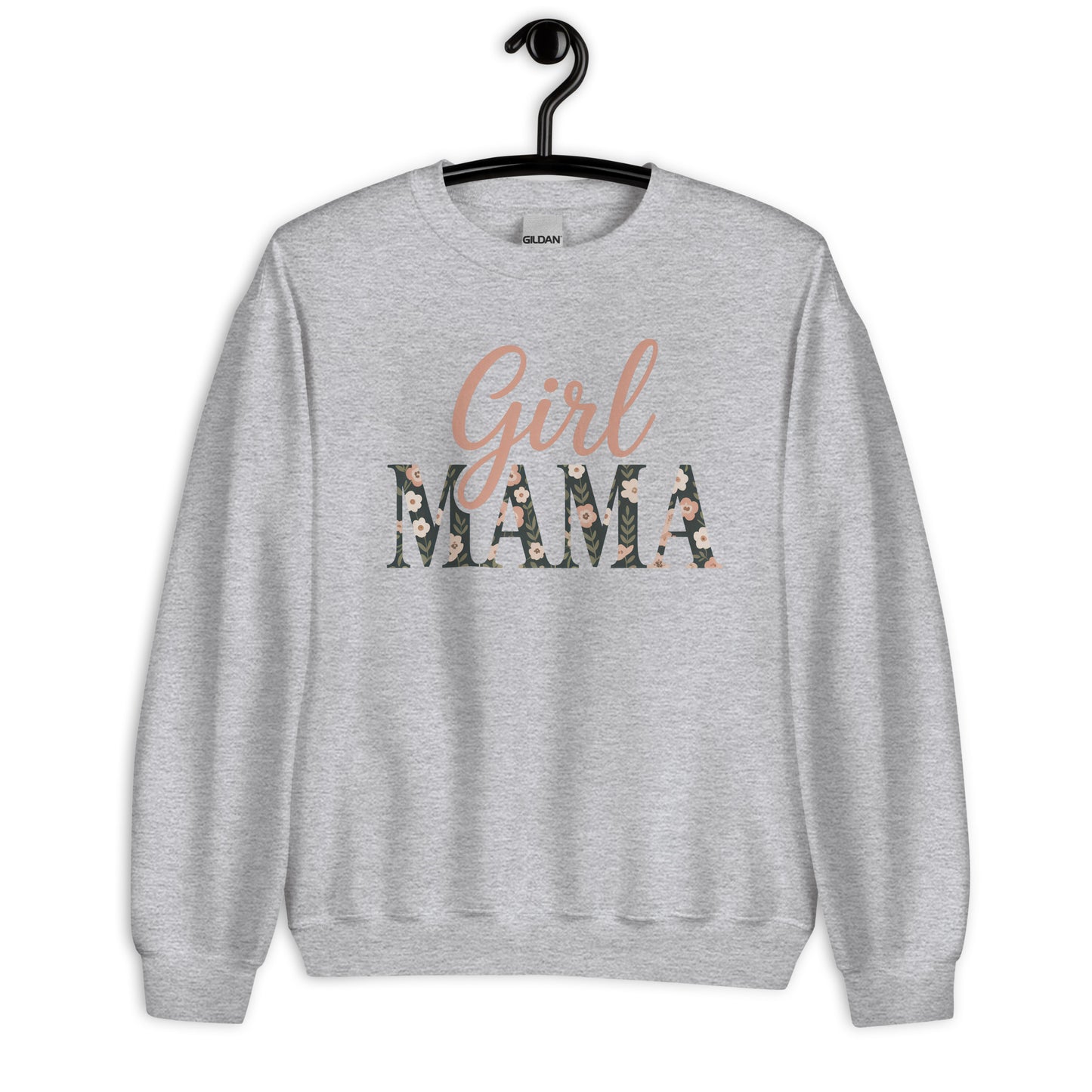 Girl Mama floral sweatshirt in dark grey on hanger – aesthetic mom life sweater mockup