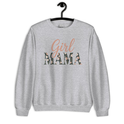 Girl Mama floral sweatshirt in dark grey on hanger – aesthetic mom life sweater mockup