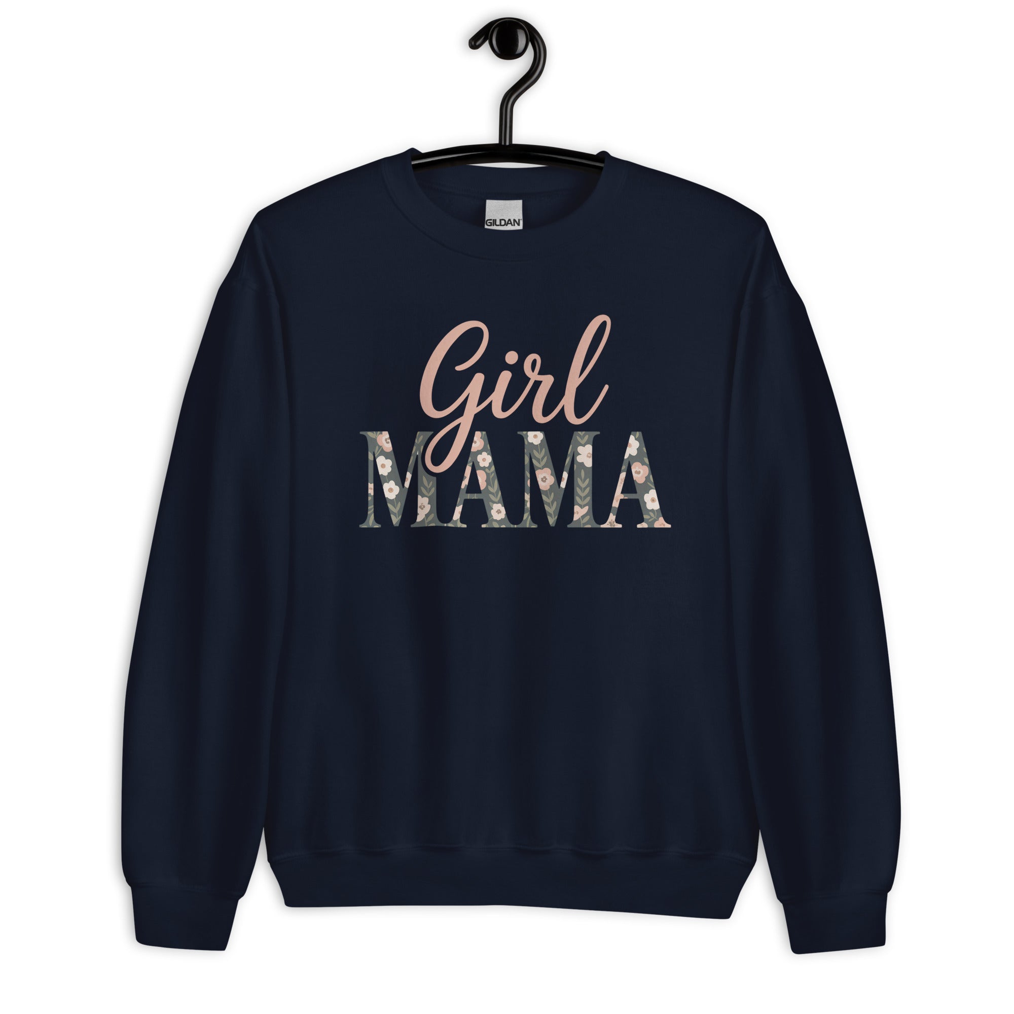 Girl Mama floral sweatshirt in navy blue on hanger – cute mom life sweater mockup