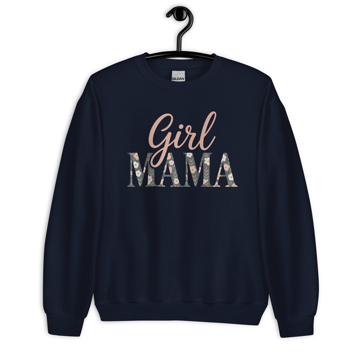 Girl Mama floral sweatshirt in navy blue on hanger – cute mom life sweater mockup