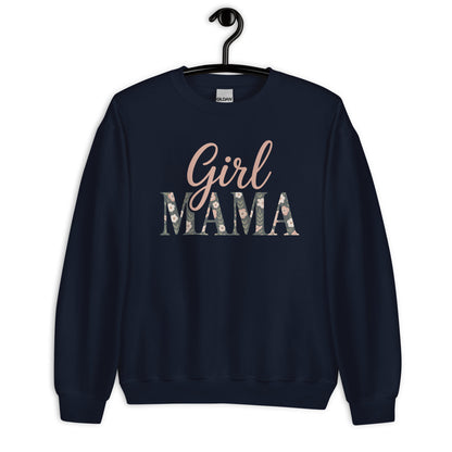 Girl Mama floral sweatshirt in navy blue on hanger – cute mom life sweater mockup