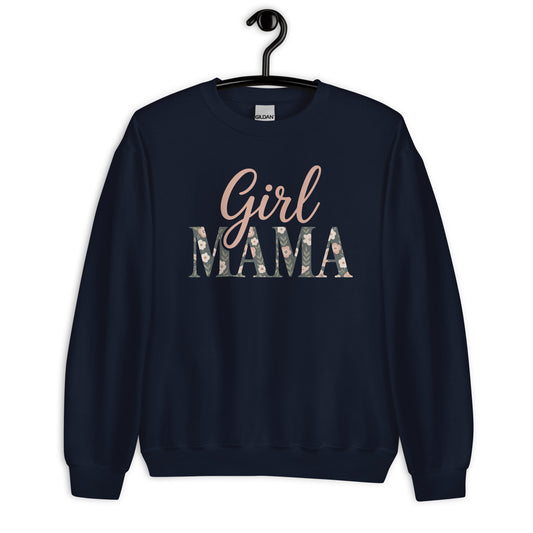 Girl Mama floral sweatshirt in navy blue on hanger – cute mom life sweater mockup