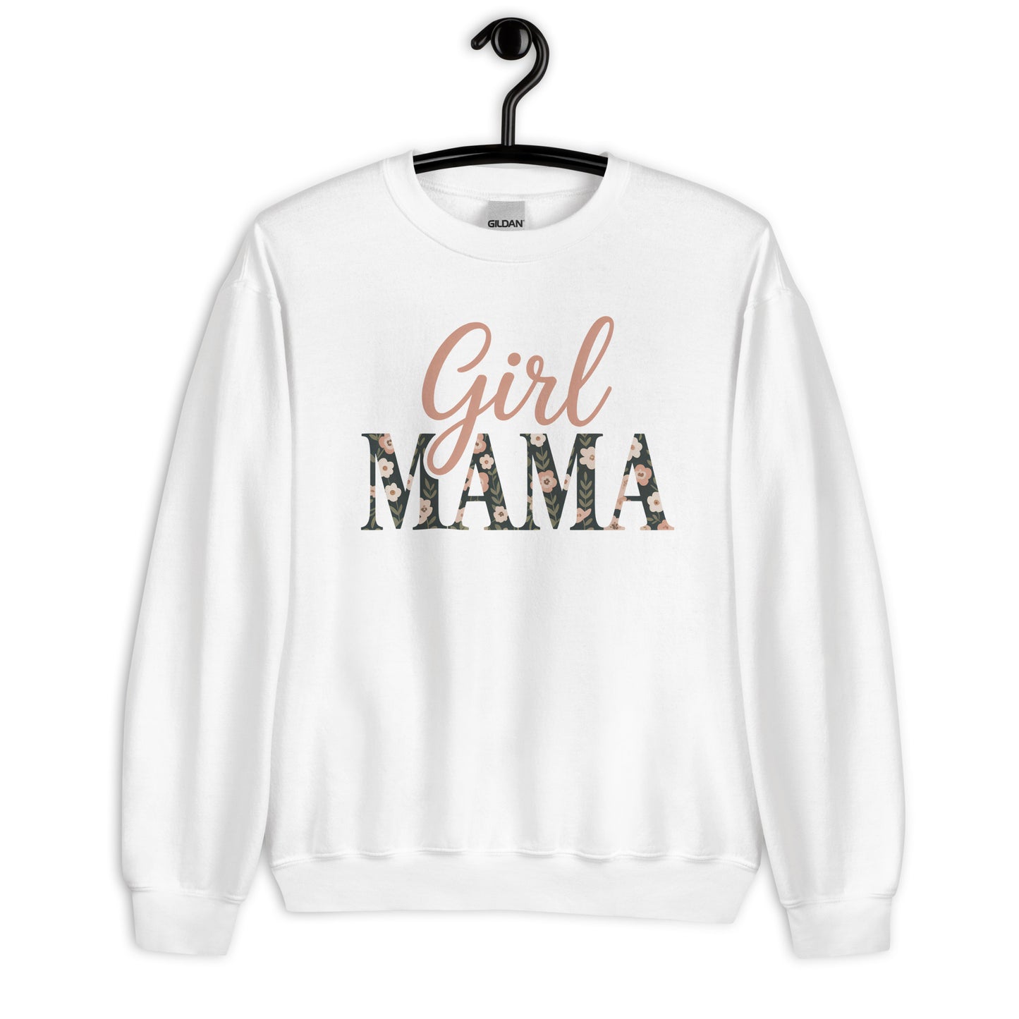Girl Mama floral sweatshirt in white on hanger – clean modern mom life sweater mockup