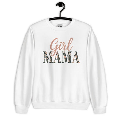 Girl Mama floral sweatshirt in white on hanger – clean modern mom life sweater mockup
