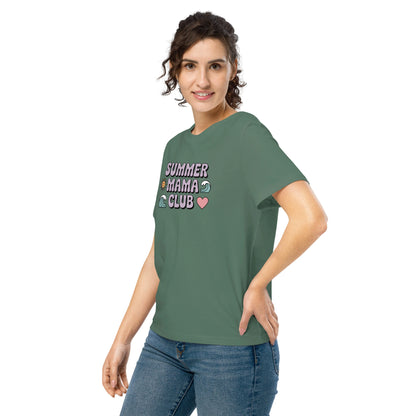 Woman modeling a green “Summer Mama Club” t-shirt with cute wave, sun, and heart graphics in a playful summer vibe.
