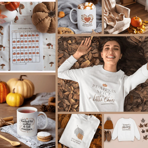 Collage of autumn-themed products including pumpkins, mugs, and clothing with text.