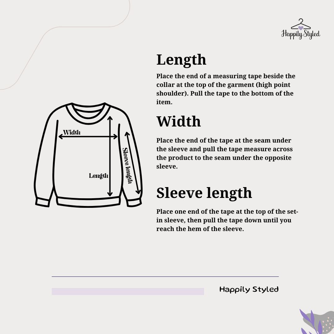 Measurement guide for sweatshirt length, width, and sleeve length with illustration