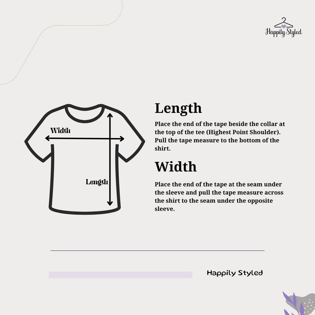 Measurement guide for t-shirt length, width, and sleeve length with illustration