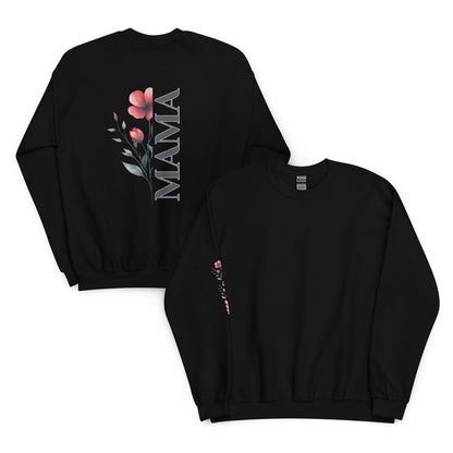 Black unisex sweatshirt with vertical 'MAMA' floral design on the back and matching sleeve detail