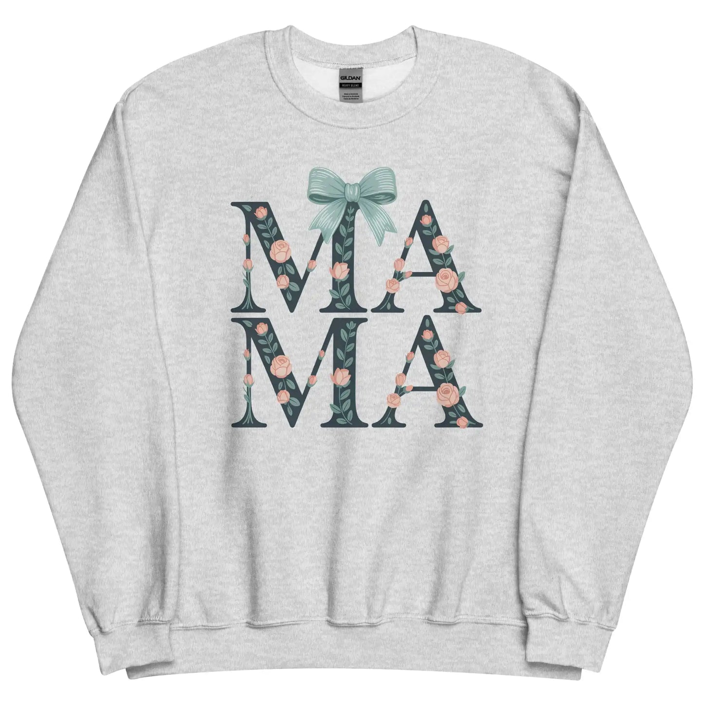 Gray sweatshirt with floral 'MAMA' text and bow design on a white background