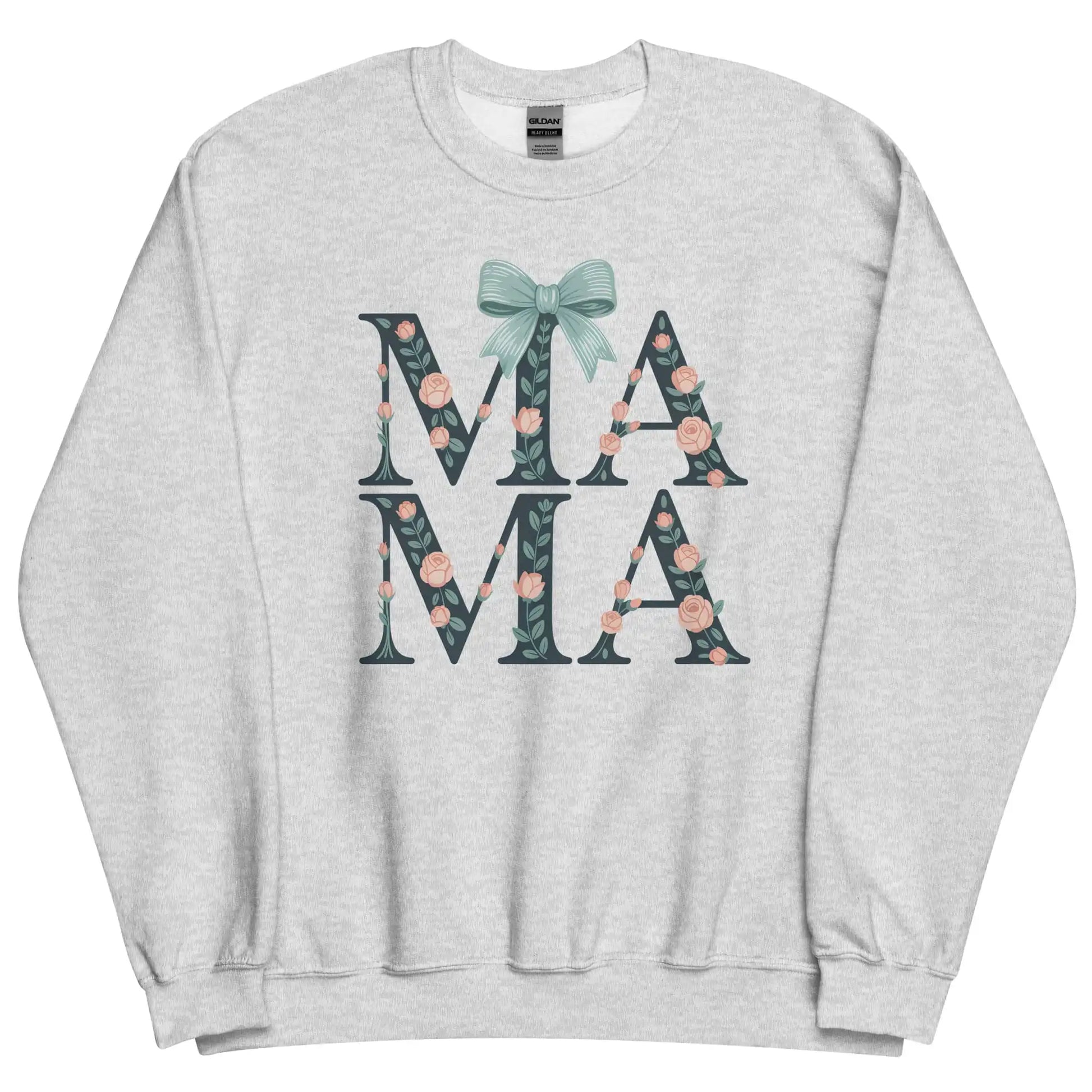 Gray sweatshirt with floral 'MAMA' text and bow design on a white background