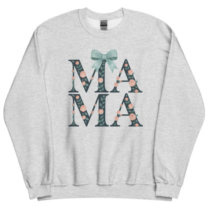 Gray sweatshirt with floral 'MAMA' text and bow design on a white background