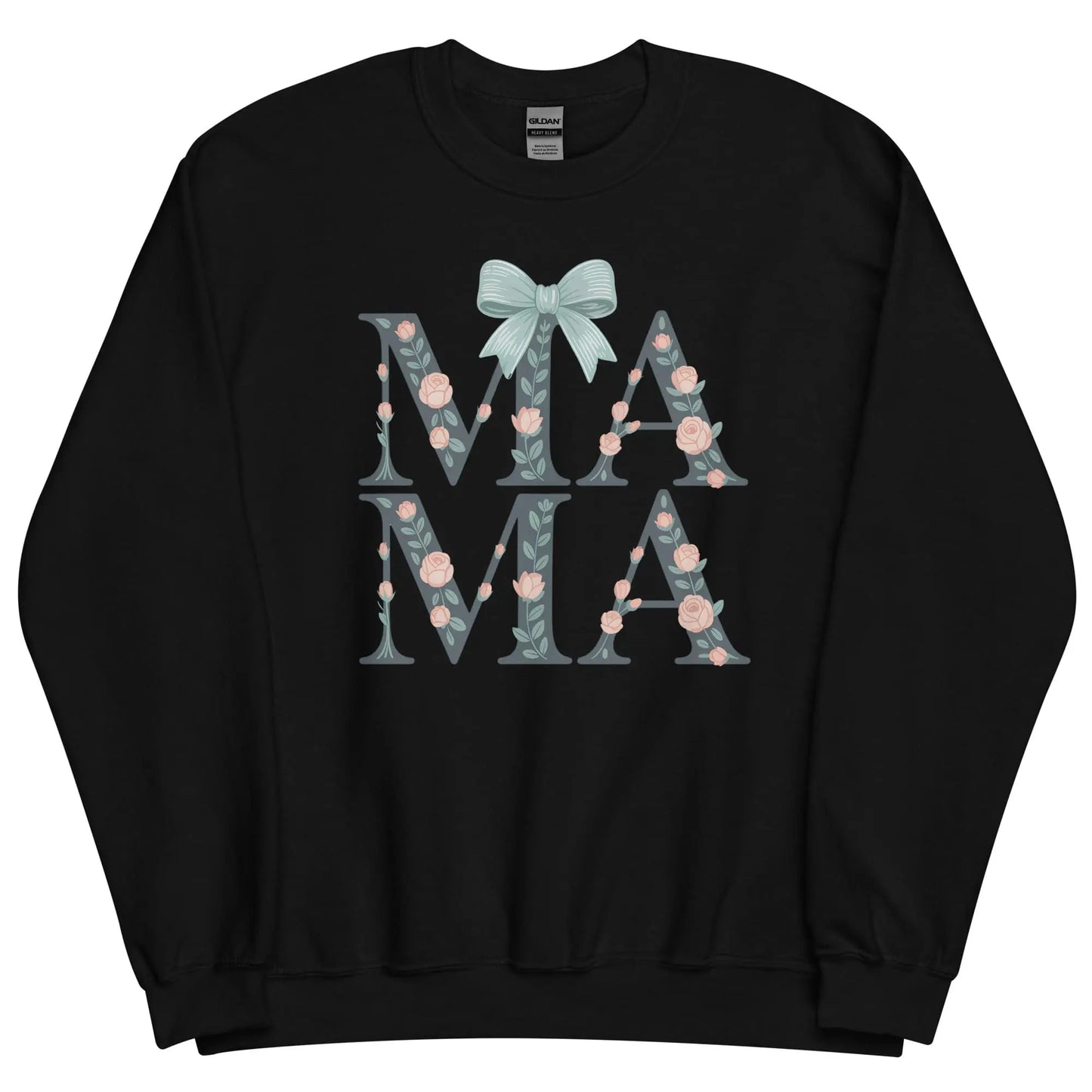 Black sweatshirt with floral and bow design on a white background