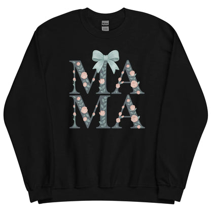 Black sweatshirt with floral and bow design on a white background