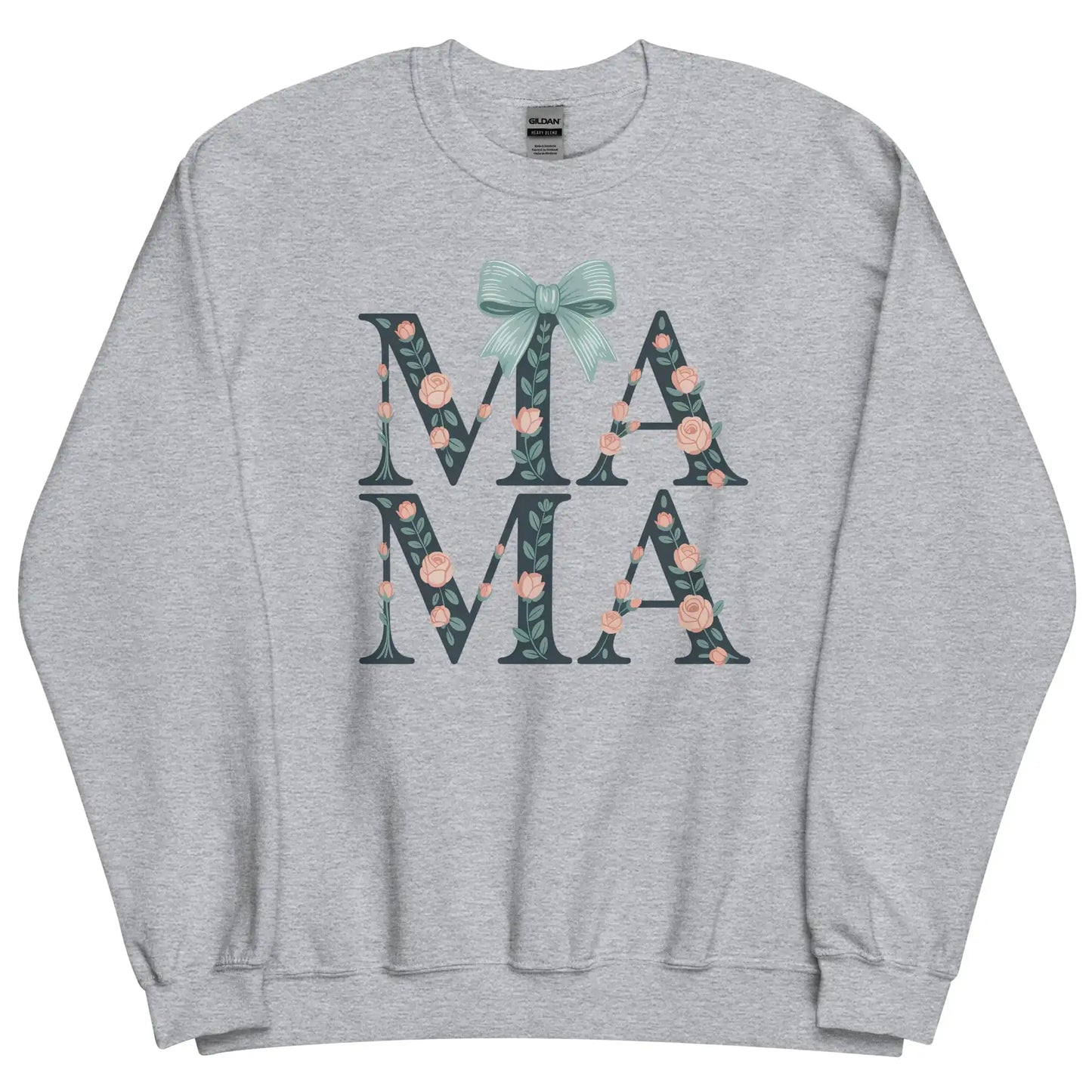 Gray sweatshirt with floral 'MAMA' text and bow design on a white background