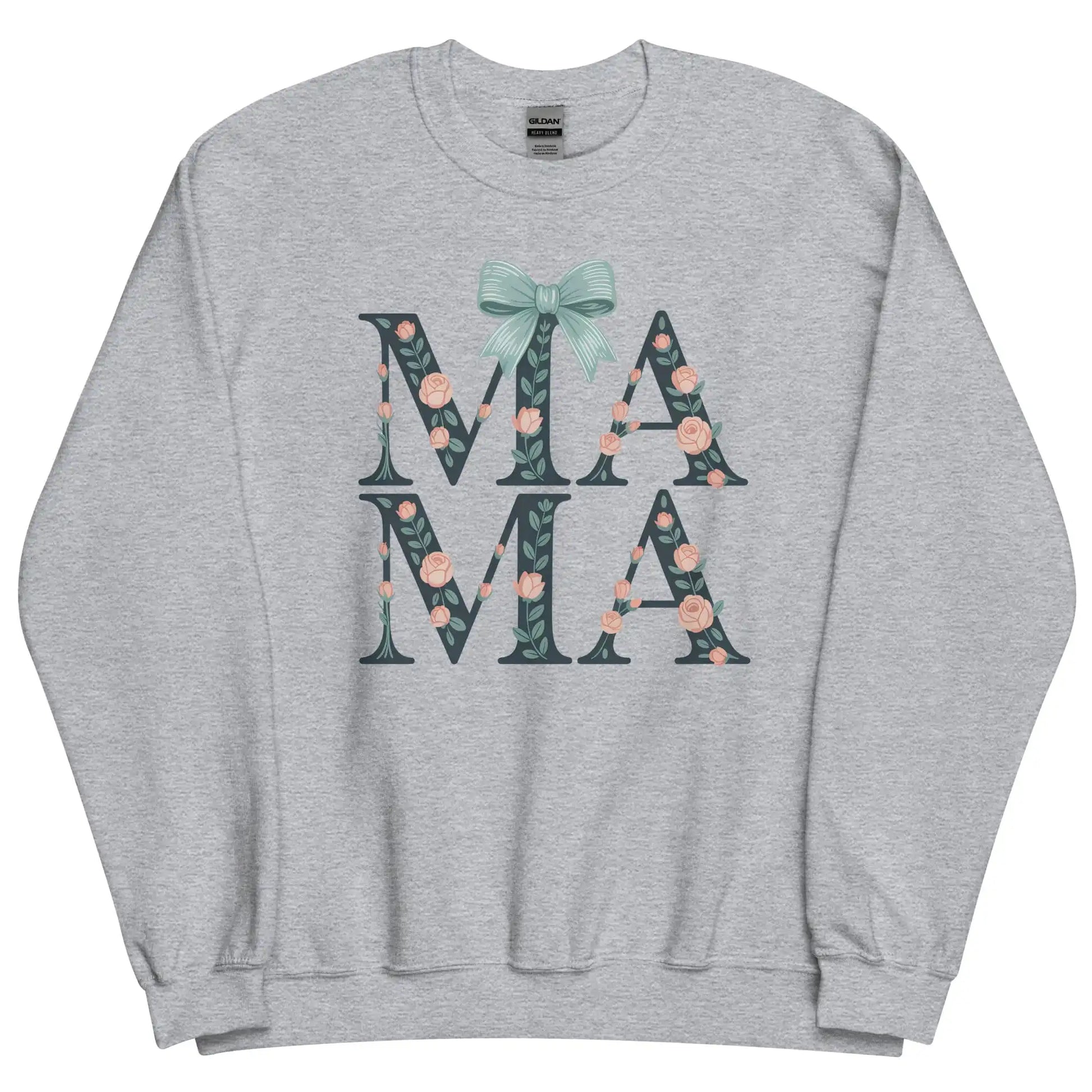 Gray sweatshirt with floral 'MAMA' text and bow design on a white background