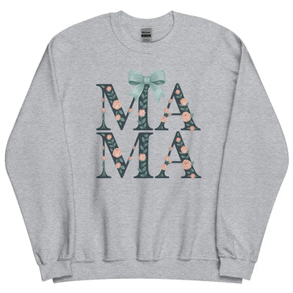 Gray sweatshirt with floral 'MAMA' text and bow design on a white background