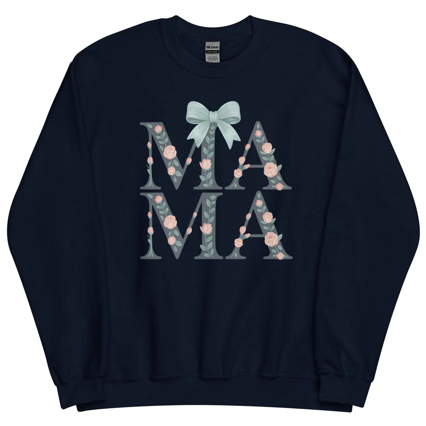 Navy blue sweatshirt with floral and bow design on a white background