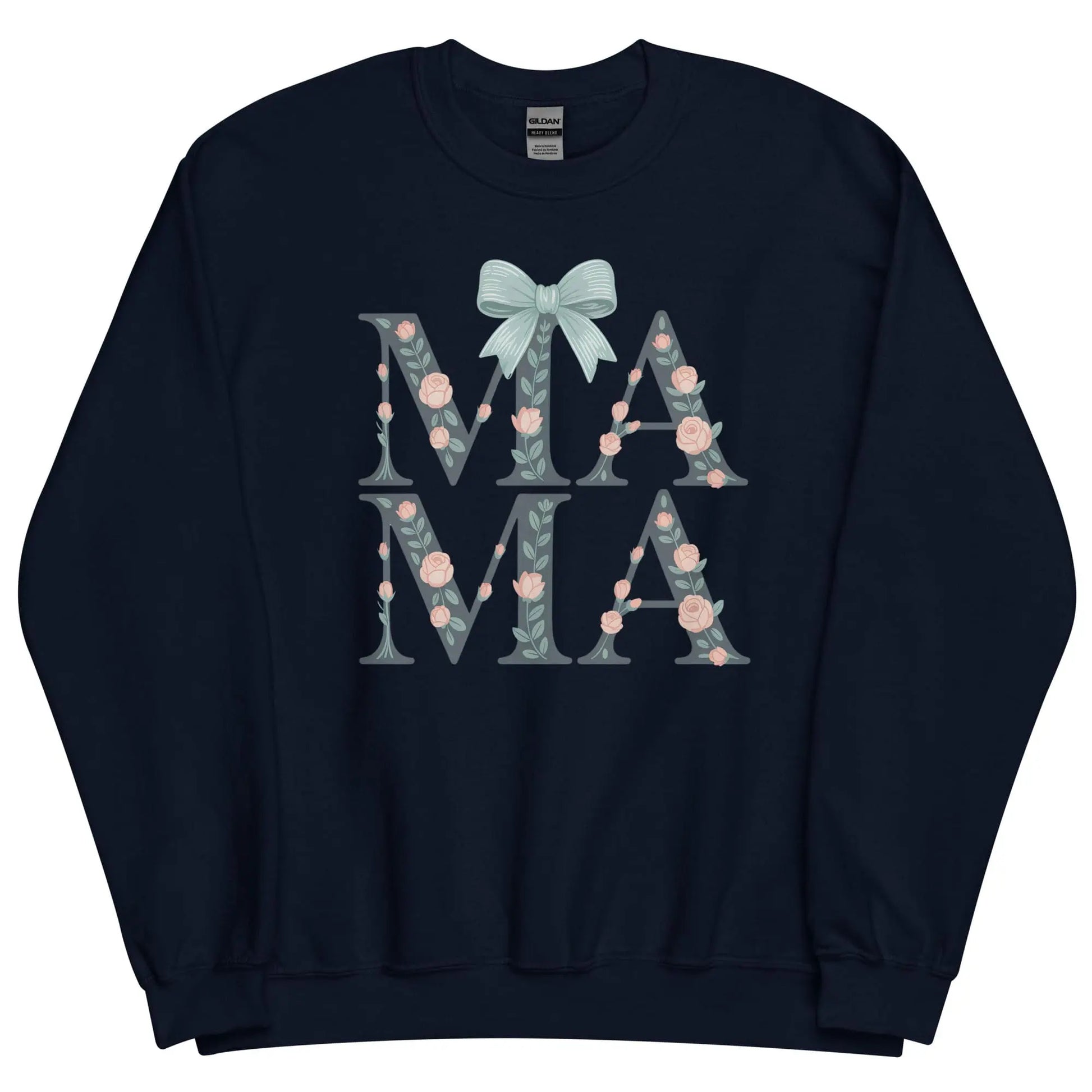 Navy blue sweatshirt with floral and bow design on a white background