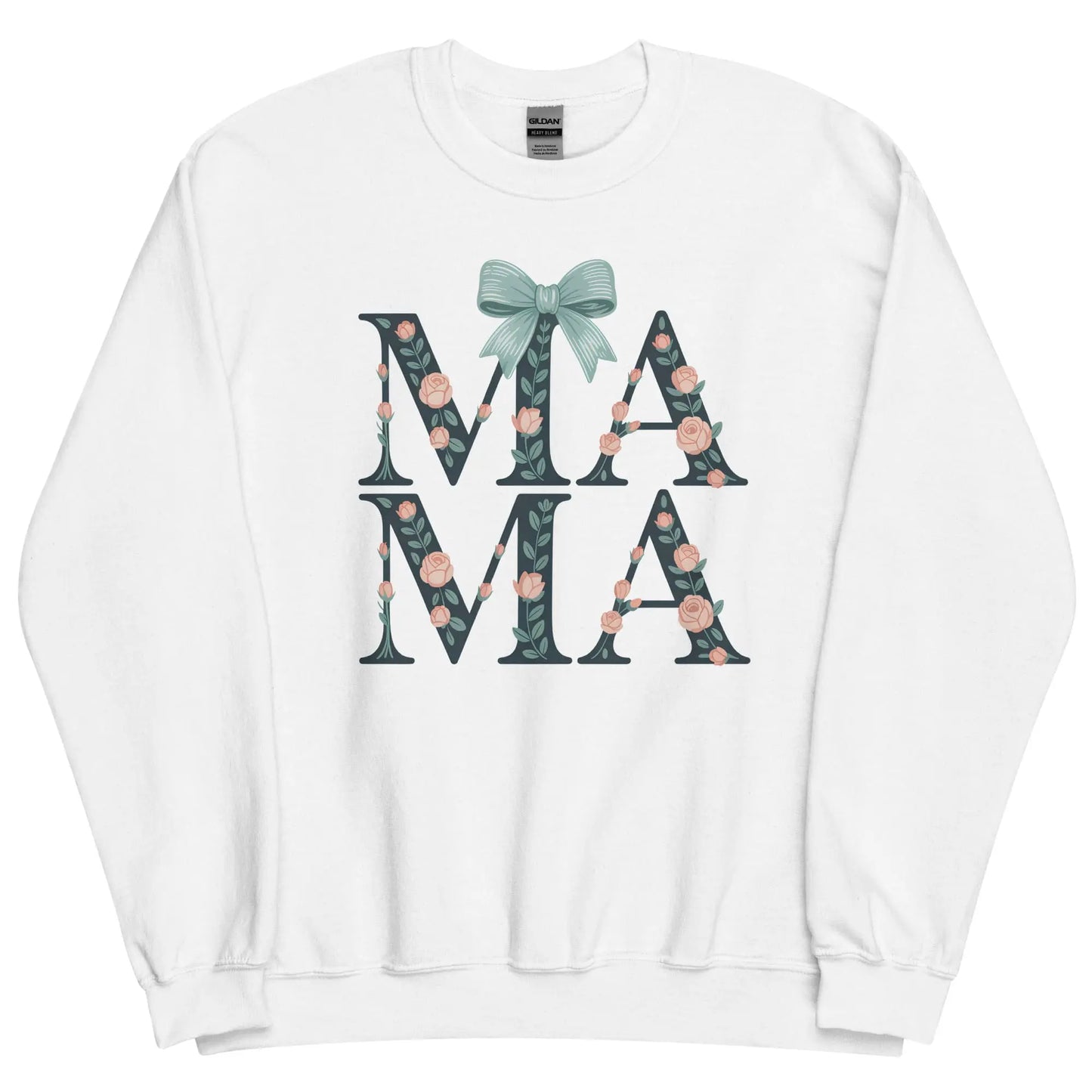 White sweatshirt with floral 'MAMA' text and a bow on a white background