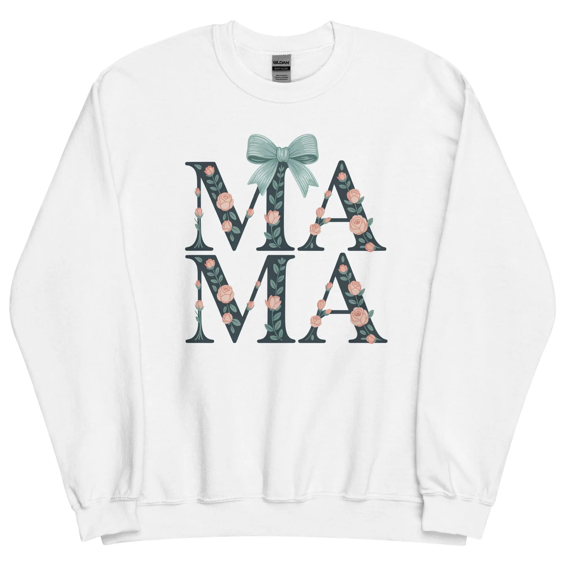White sweatshirt with floral 'MAMA' text and a bow on a white background