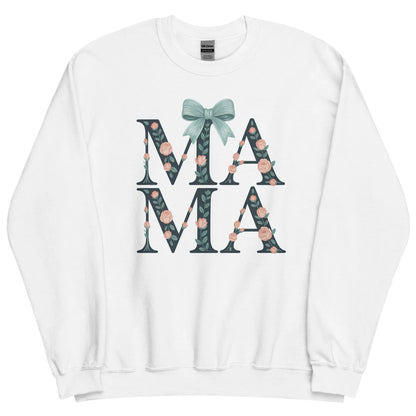White sweatshirt with floral 'MAMA' text and a bow on a white background