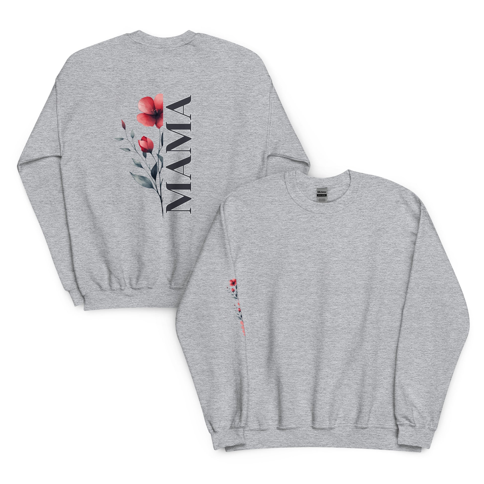 Grey unisex sweatshirt with vertical 'MAMA' floral design on the back and matching sleeve detail