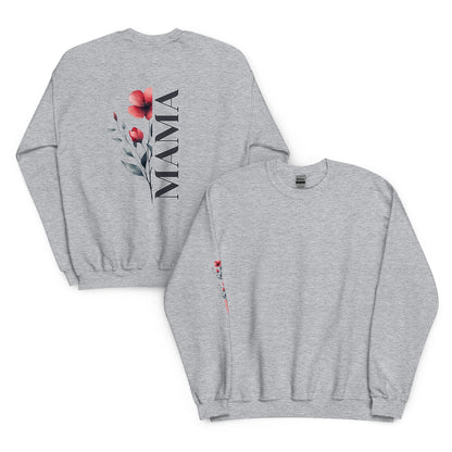 Grey unisex sweatshirt with vertical 'MAMA' floral design on the back and matching sleeve detail