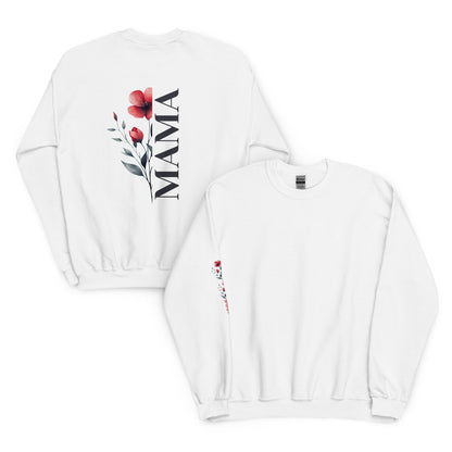 White unisex sweatshirt with vertical 'MAMA' floral design on the back and matching sleeve detail