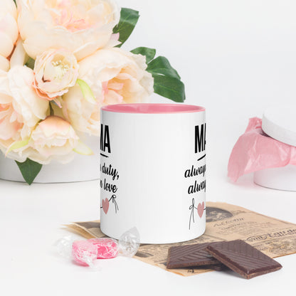 White ceramic mug with pink handle and inner color – “MAMA always on duty, always in love” quote with heart design, styled with chocolate and flowers - back view