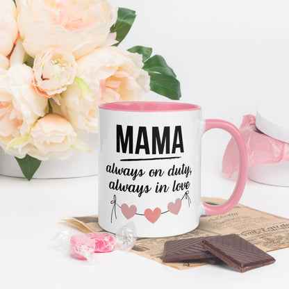 White ceramic mug with pink handle and inner color – “MAMA always on duty, always in love” quote with heart design, styled with chocolate and flowers - right side