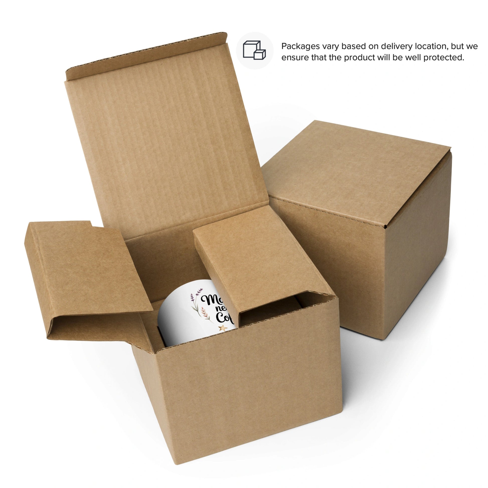 Funny mom mug “Mama Needs Coffee” packaged in cardboard box, ready for shipping.