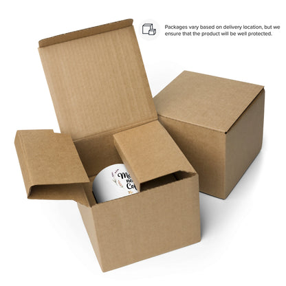 Funny mom mug “Mama Needs Coffee” packaged in cardboard box, ready for shipping.