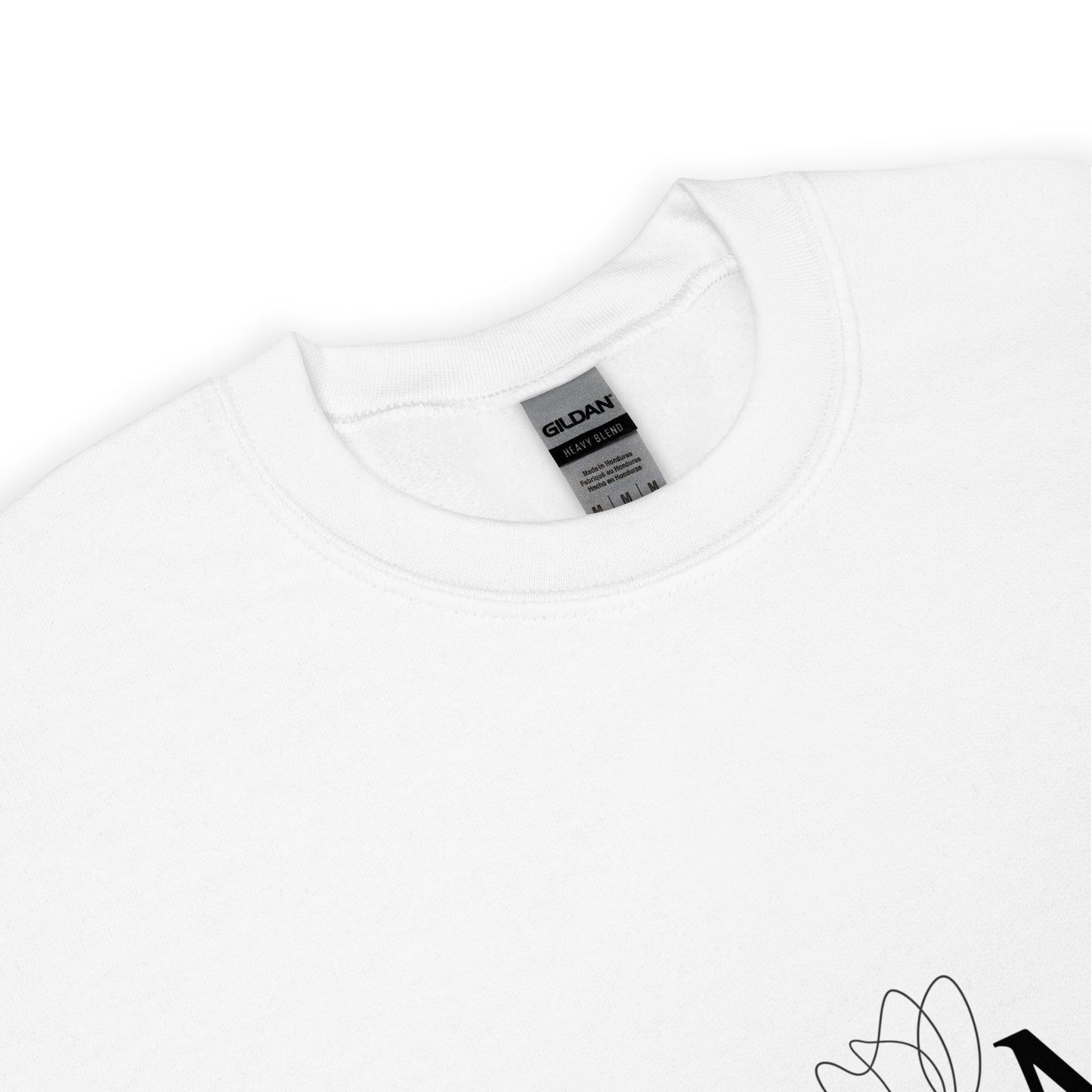 Close-up of white MAMA sweatshirt showing Gildan label and floral design detail – high-quality cozy gift for moms