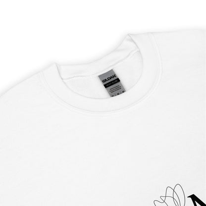 Close-up of white MAMA sweatshirt showing Gildan label and floral design detail – high-quality cozy gift for moms