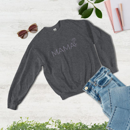 Flat lay of MAMA dark heather sweatshirt styled with jeans, sunglasses, and notebook – cozy and chic gift for moms