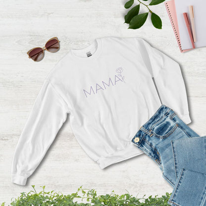 Flat lay of MAMA white sweatshirt styled with jeans, sunglasses, and notebook – cozy and chic gift for moms