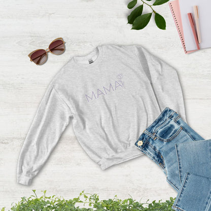 Flat lay of MAMA ash sweatshirt styled with jeans, sunglasses, and notebook – cozy and chic gift for moms
