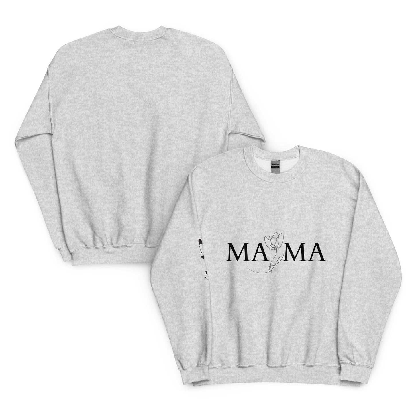 Ash gray MAMA sweatshirt flat lay showing front floral typography design and plain back 