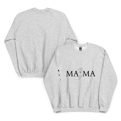 Ash gray MAMA sweatshirt flat lay showing front floral typography design and plain back 