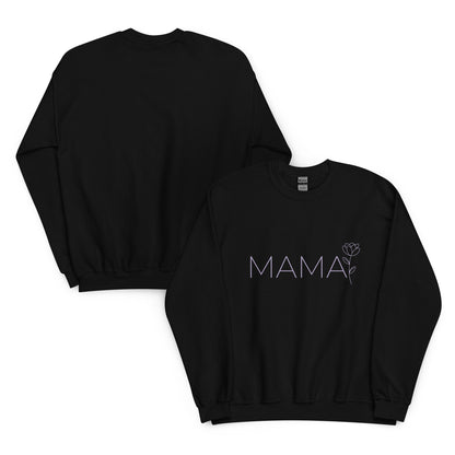 Front and back view of MAMA sweatshirt – black color with minimalist floral design for moms