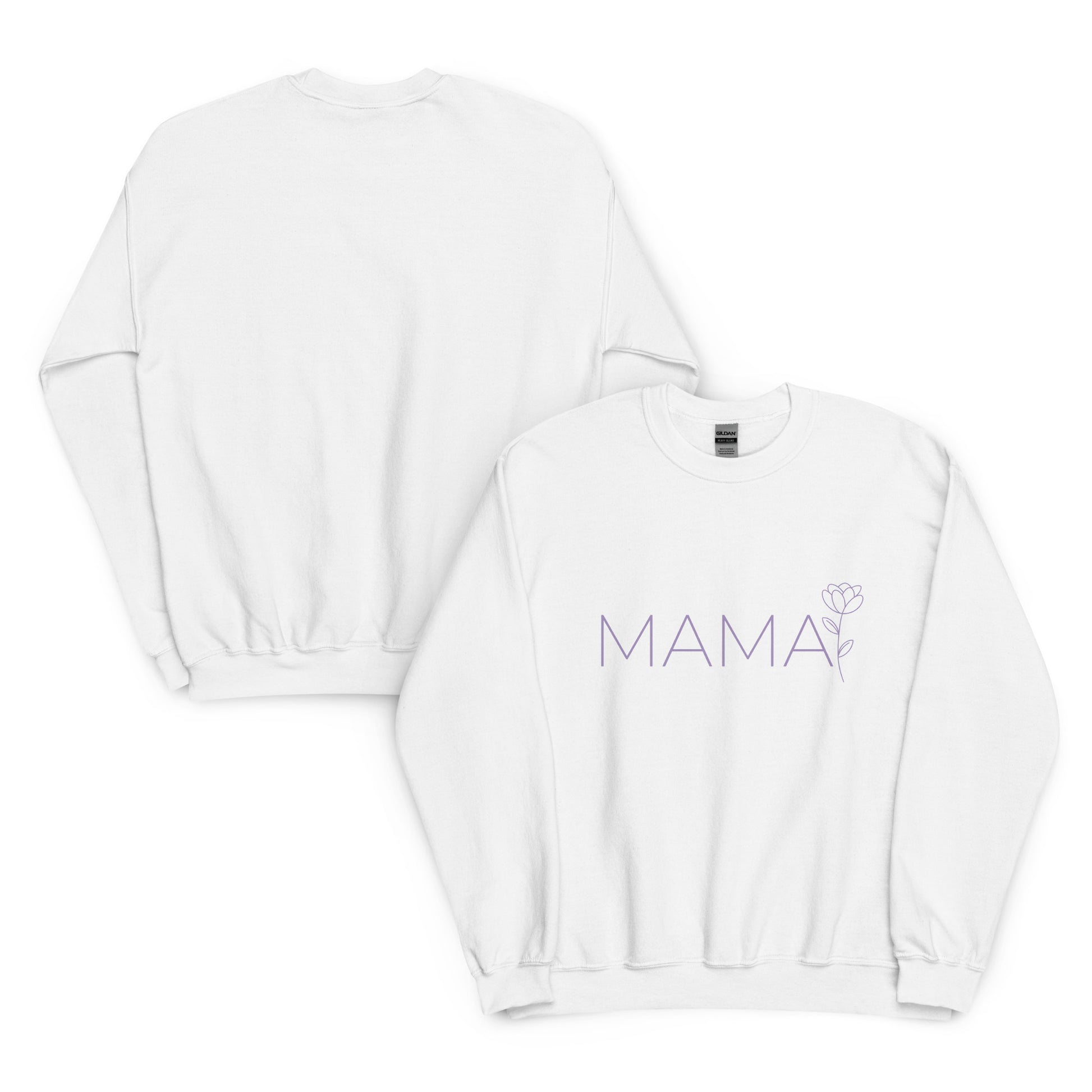 Front and back view of MAMA sweatshirt – white color with minimalist floral design for moms