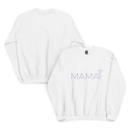 Front and back view of MAMA sweatshirt – white color with minimalist floral design for moms