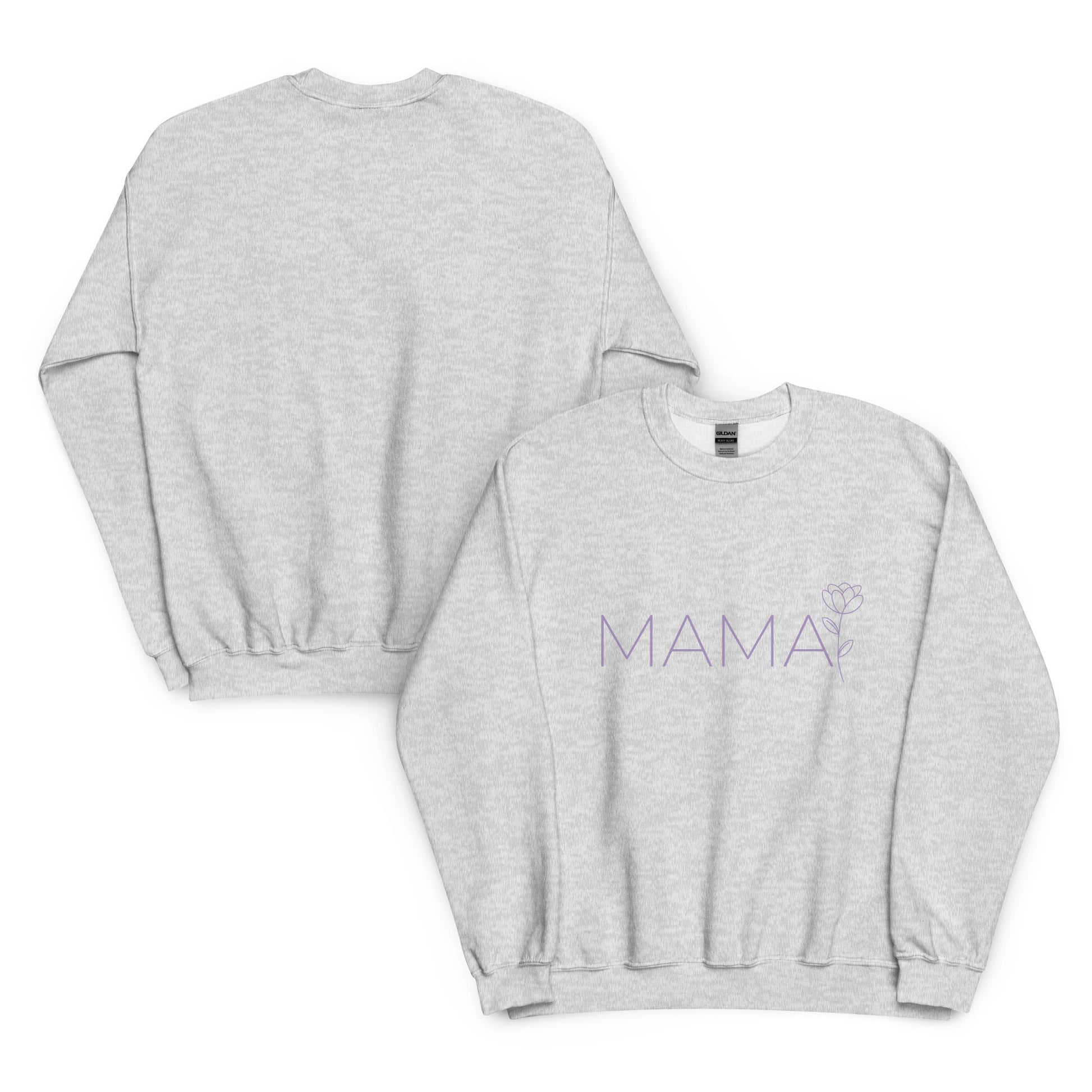 Front and back view of MAMA sweatshirt – light ash grey color with minimalist floral design for moms