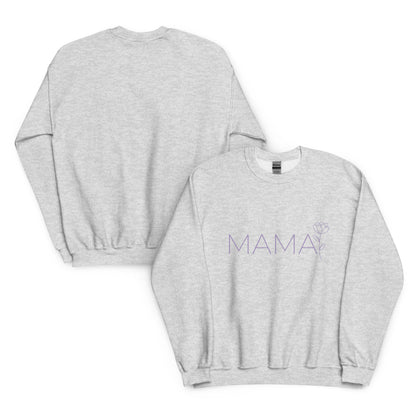 Front and back view of MAMA sweatshirt – light ash grey color with minimalist floral design for moms